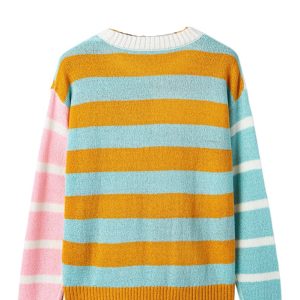 Women's Jurassic Gold Color Block Striped Pullover Sweater - Casual Long Sleeve Knit Top - Main View