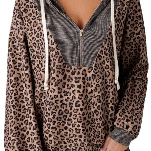Women's Khaki Leopard Print Hooded Sweatshirt – Ribbed Zip Pullover for Daily Wear