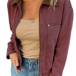 Casual Coffee Corduroy Collar Zipped Denim Jacket for Trendy Women - Ideal for Fall Outings