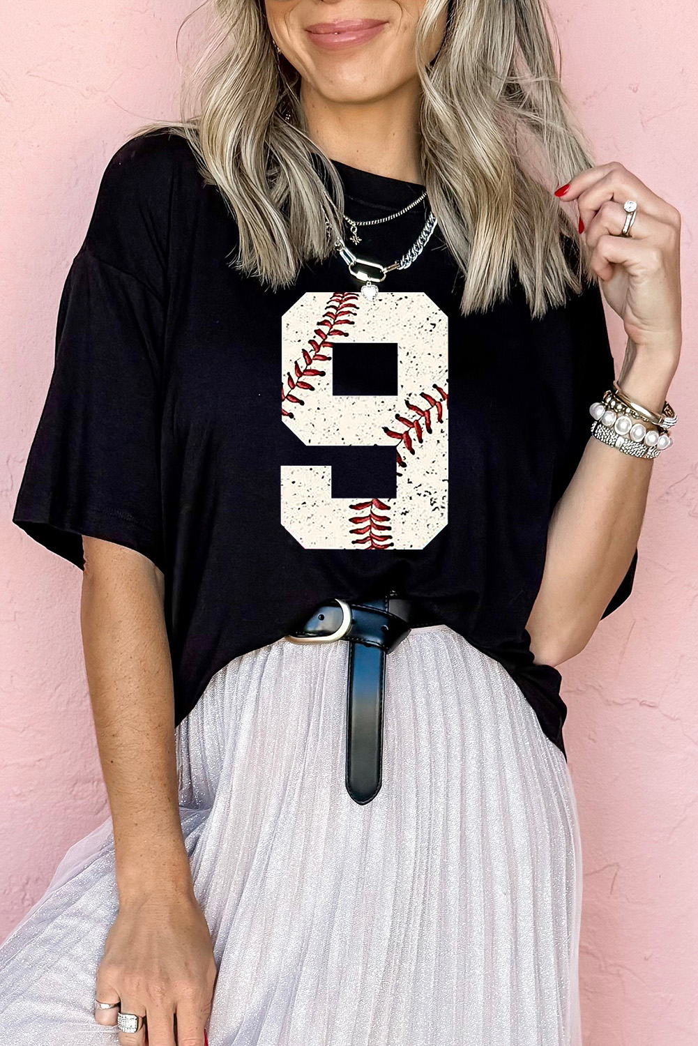 Casual Black Short Sleeve T-Shirt with Distressed Design and Number 9 Print - Detail View 2