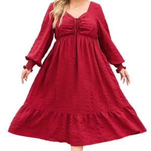 Fiery Red Plus Size Midi Dress with Lace-up Ruched Front and Ruffle Hem - Main View