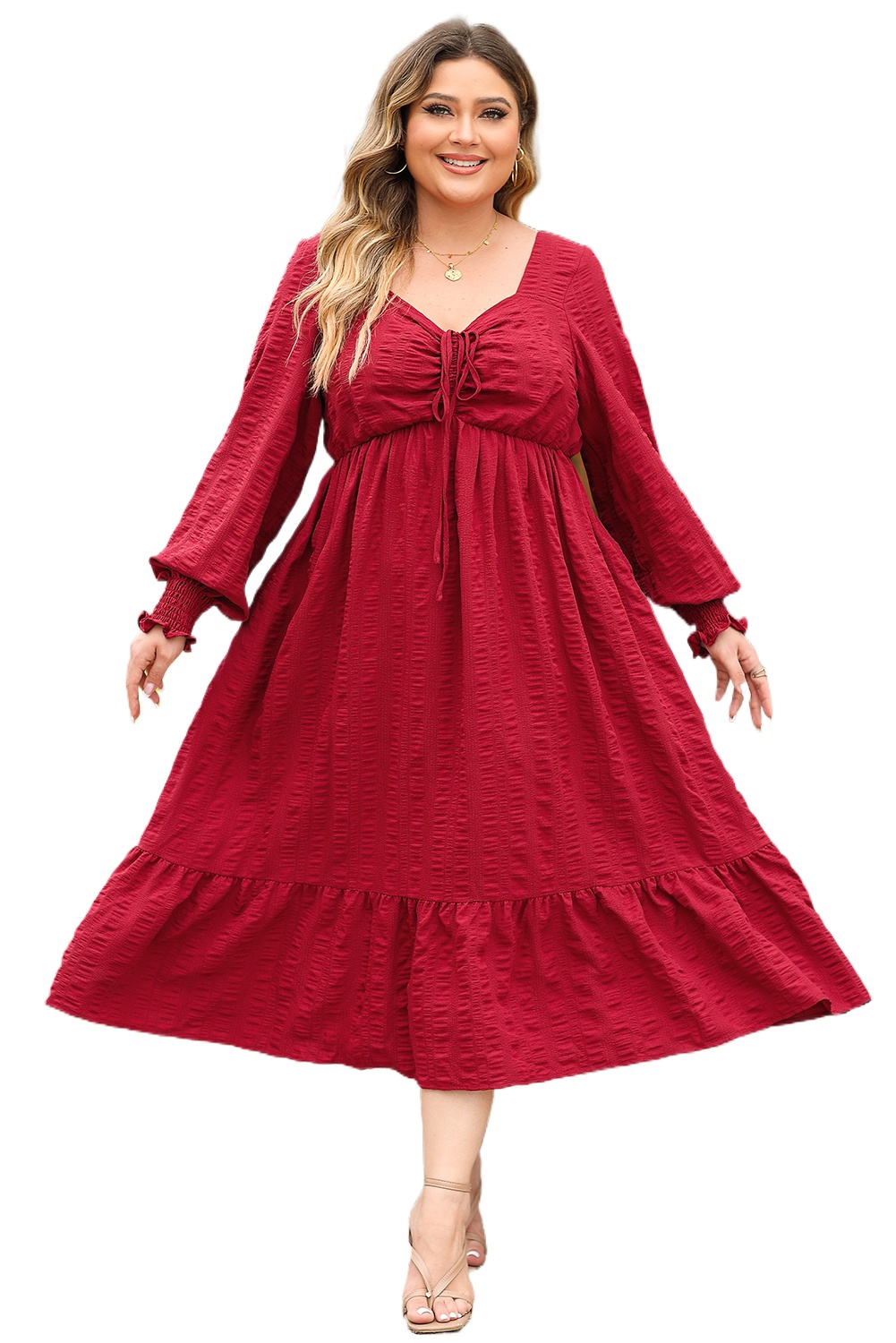 Fiery Red Plus Size Midi Dress with Lace-up Ruched Front and Ruffle Hem - Main View