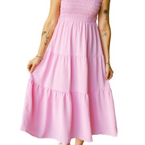Women's Pink Smocked Bodice Midi Dress – Flutter Sleeve Fit & Flare for Summer Outings