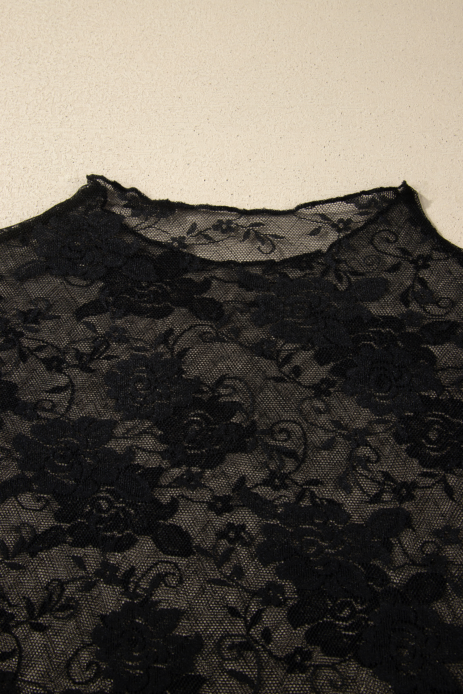 Sheer Floral Lace Top for Women – Black Long Sleeve Mesh Blouse, Stand Neck Shift Silhouette for Night Out - Detail View 5