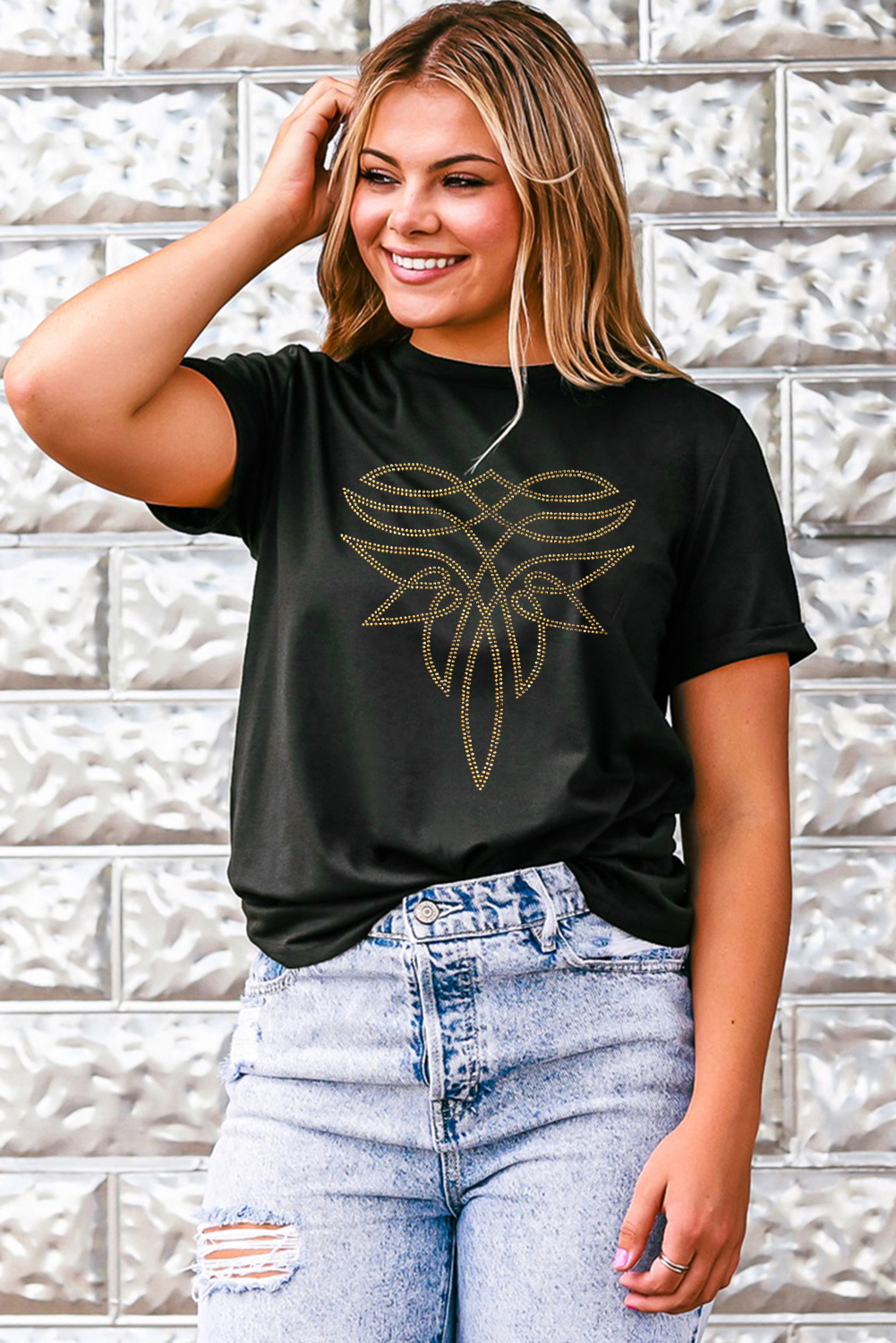 Women's Black Rhinestone Western Pattern Graphic T-Shirt - Casual Crew Neck Tee - Detail View 9