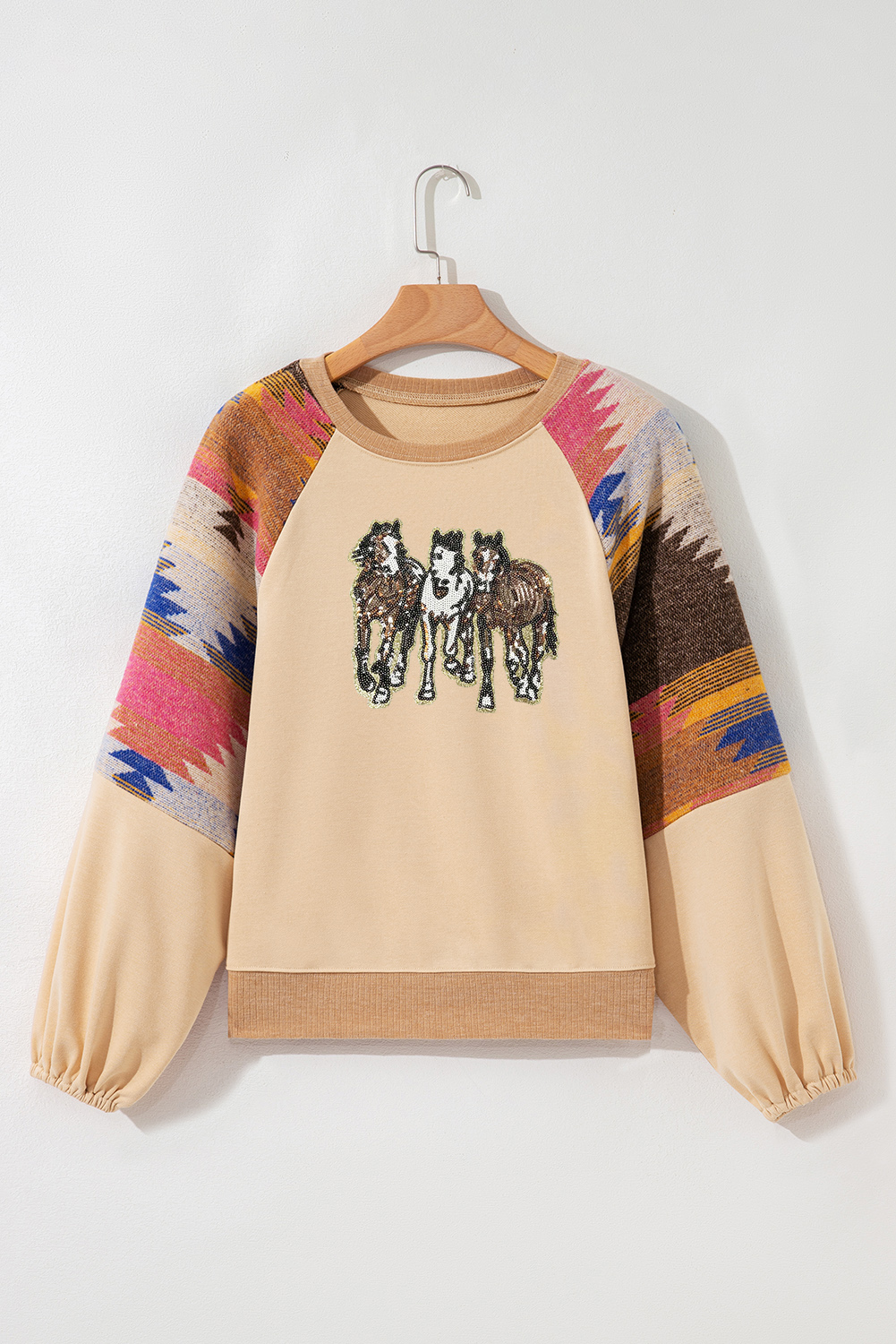 Trendy Long Sleeve Western Fashion Sweatshirt with Sequin Details and Horses Graphic - Detail View 6