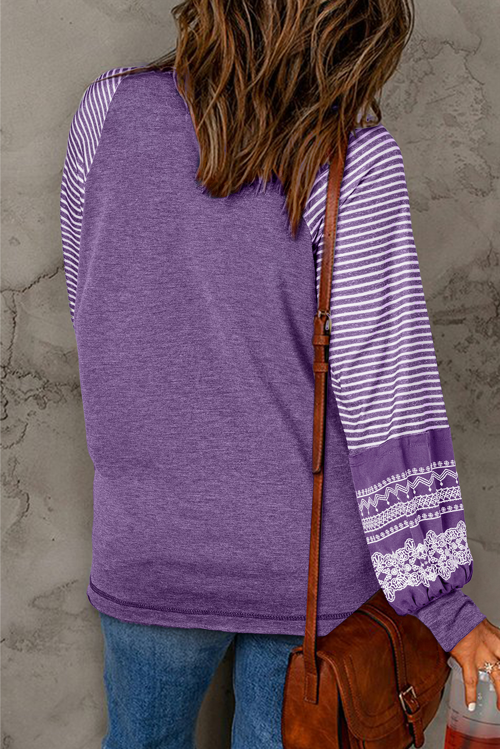 Casual Long Sleeve Shift Top in Tillandsia Purple with Striped Design - Detail View 2