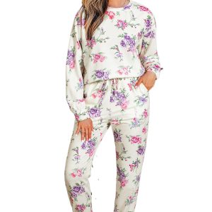 Apricot Floral Print Pullover Lounge Pants Set with Drawstring and Pockets - Main View
