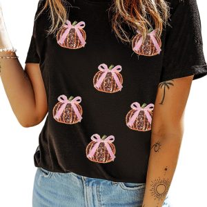 Women's Black Sequin Bow Pumpkin Graphic T-Shirt - Casual Slim Fit - Main View