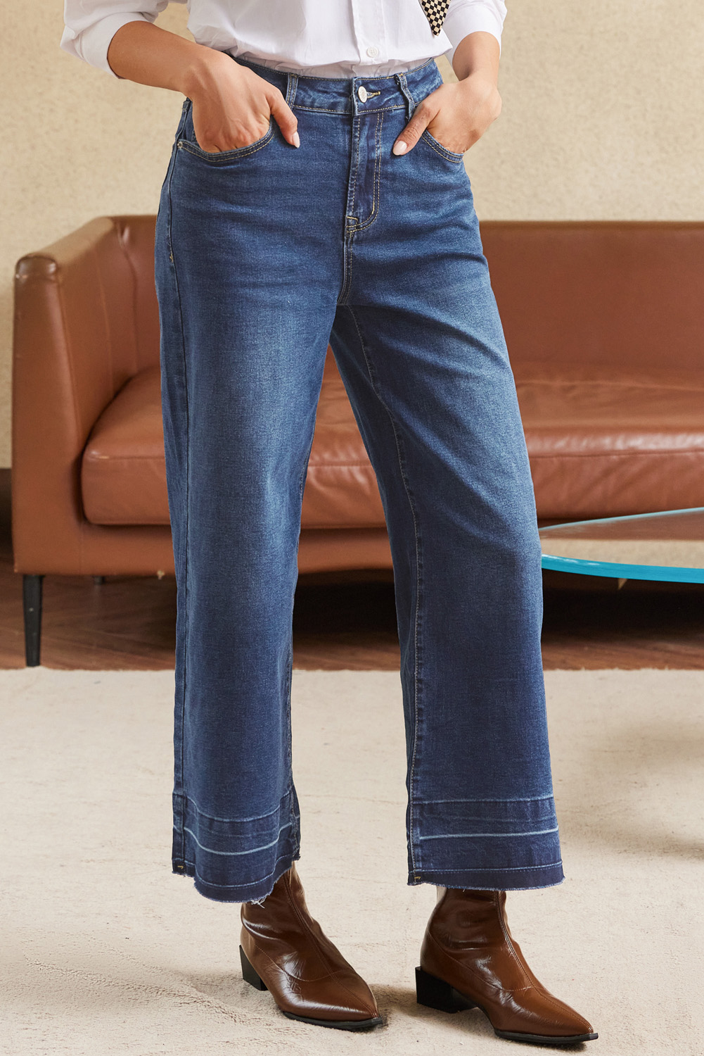 Women's Jeans, Real Teal, Raw Hem, Straight Leg, Loose Fit, High Waist, Casual Style, Daily Wear, Wide Leg, Denim, Fall Fashion, Solid Color, Comfortable, Versatile - Detail View 8