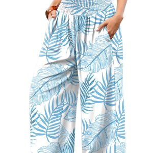 Women's Sky Blue Botanical Wide Leg Pants – High Waist Shirred Floral Trousers for Vacation and Daily Wear