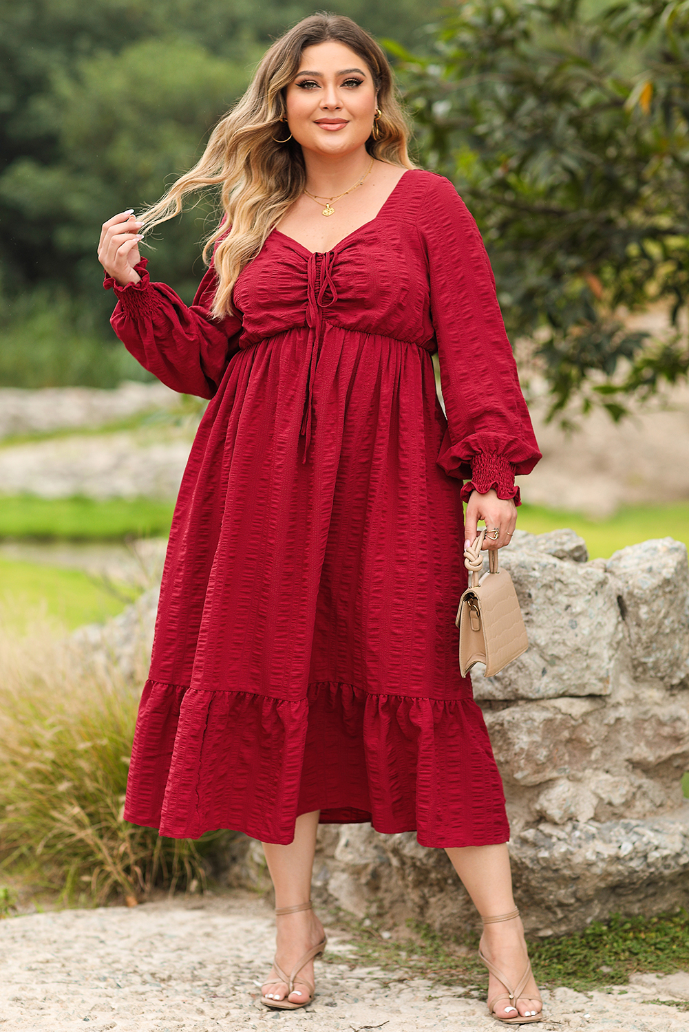Elegant Long Sleeve Fiery Red Midi Dress - Plus Size with Drawstring Details - Detail View 6