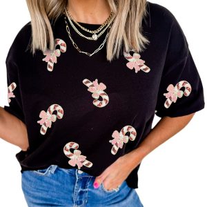 Festive Black Sequined Candy Cane T-Shirt – Casual Holiday Style for Women - Main View