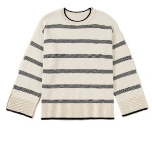 Women's Apricot Striped Wide Sleeve Sweater – Drop Shoulder Crew Neck Plus Size for Daily Comfort - Main View