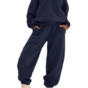 Women's Navy Blue Solid Hoodie and Joggers Set for Daily Activewear