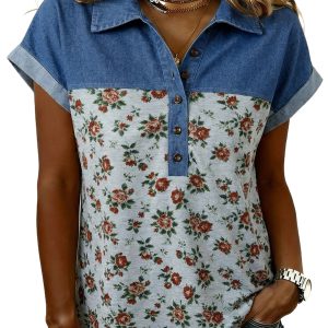 Women's Gray Floral Print Denim Polo Collar Top – Stylish Casual Wear for Summer