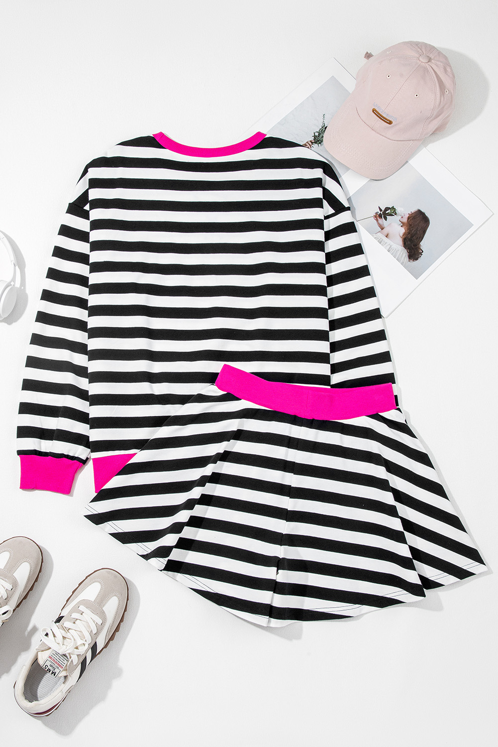 Women's Two-Piece Set, Black Stripe Blouse, Ribbed Banding, Long Sleeve, Loose Fit, Casual Style, High Waist Shorts, Trendy Outfit, Fall Fashion, Comfortable Chic, Daily Wear, Beach Vacation, Outdoor Style, Date Night - Detail View 8