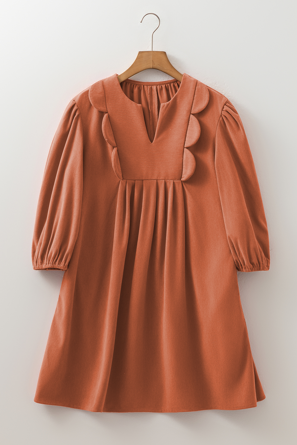 Stylish Long Sleeve H-Line Mini Dress with Scallop Detail - Daily Wear in Cinnamon - Detail View 7
