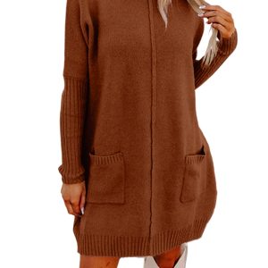 Chic Chestnut Ribbed Shift Sweater Dress with Front Pockets – Ideal for Daily Wear - Main View