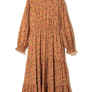 Brown Plus Size Floral Split V Neck Ruffled Sleeve Tiered Maxi Dress for Women - Main View
