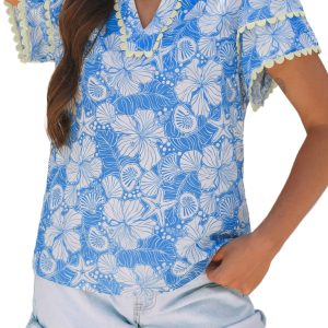 Women's Sky Blue Oceanic Floral Blouse – V Neck Short Sleeve Top with Scalloped Trim, Casual Southern Belle Style - Main View