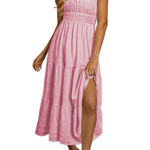 Women's Pink Shirred Pleated Midi Dress – Elegant Sleeveless Style for Summer Days