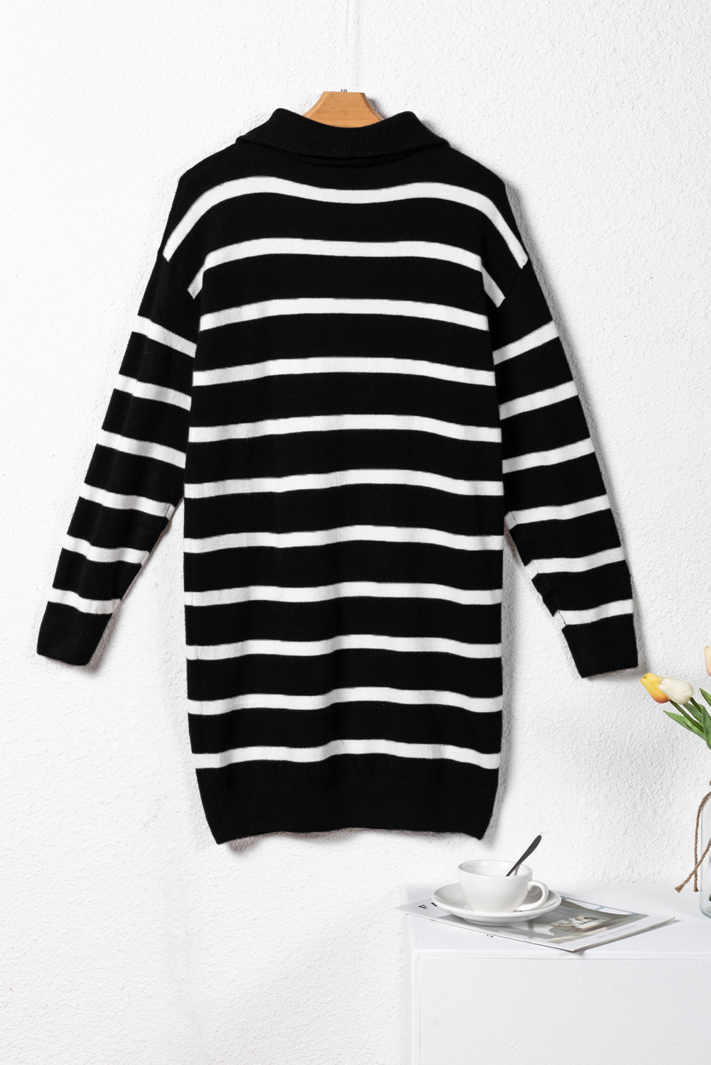 Women's Mini Dress, Black Striped Dress, O-Ring Zip Collar, Casual Style, V Neck, Long Sleeve, Loose Fit, Sweater Dress, Daily Wear, Fall Fashion, Comfortable Dress, Versatile Style, Sheath Silhouette - Detail View 20