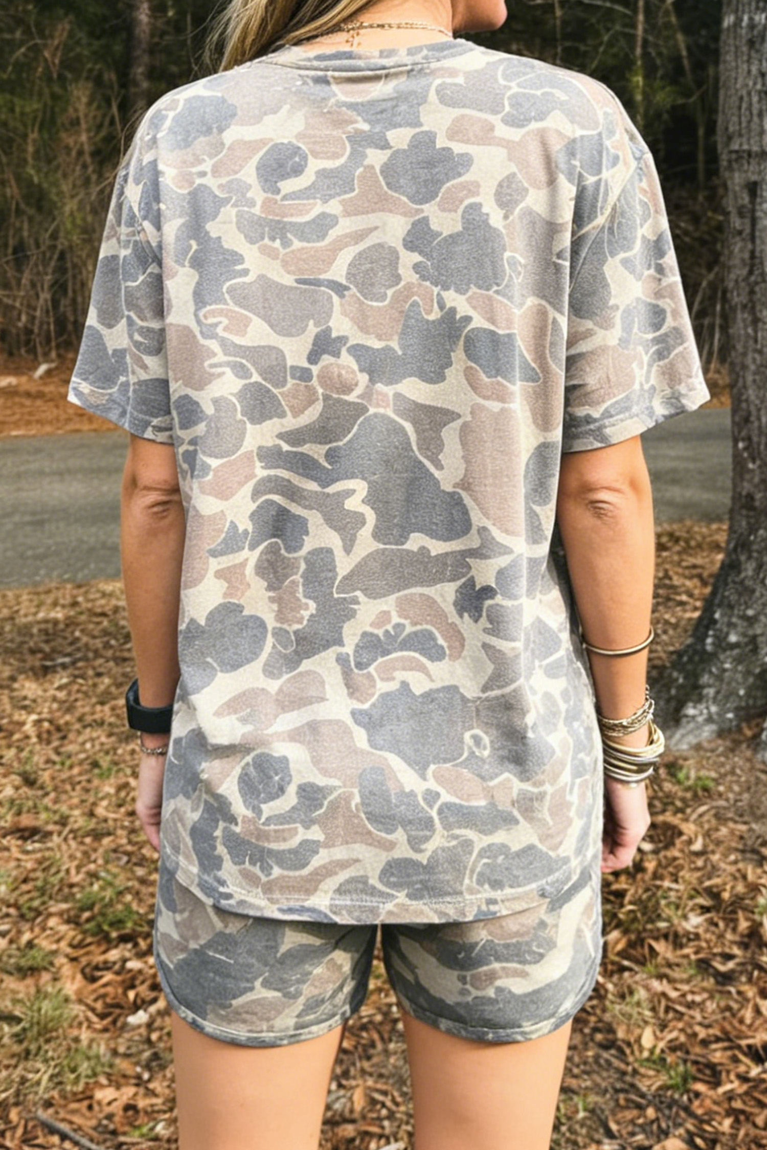 Multicolour Camo Lounge Set for Women – Relaxed Shift Silhouette Tee and Drawstring Shorts for Daily Wear - Detail View 2