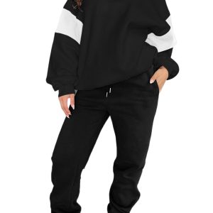 Women's Black Drop Shoulder Loose Sweatshirt and Joggers Active Set for Fall - Main View