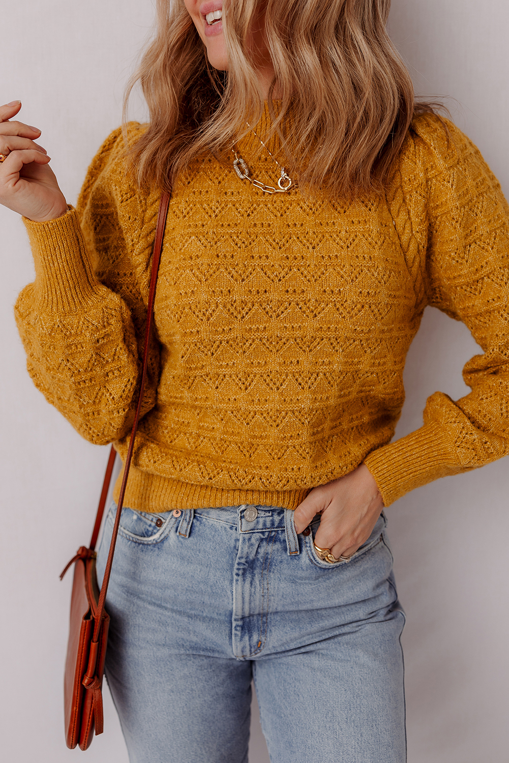 Stylish and Comfortable Long Sleeve Pointelle Knit Sweater for Fall - Detail View 2
