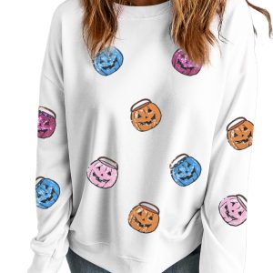 Women's White Halloween Pumpkin Lantern Sequin Patched Long Sleeve Sweatshirt - Main View