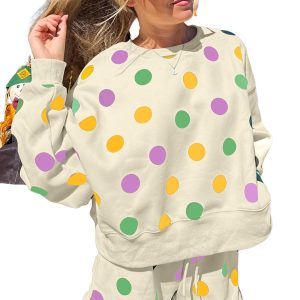 Women's Multicolour Polka Dot Pullover & Shorts Set – Casual Fall Outfit for Daily Wear