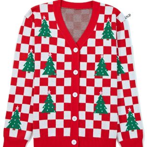 Women's Red Checkered Christmas Tree Pattern Cardigan – Cozy V Neck Sweater for Daily Wear - Main View