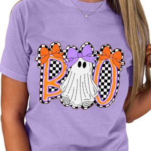 Wisteria Boo Checkered Bow Ghost Halloween Graphic Tee for Women - Main View