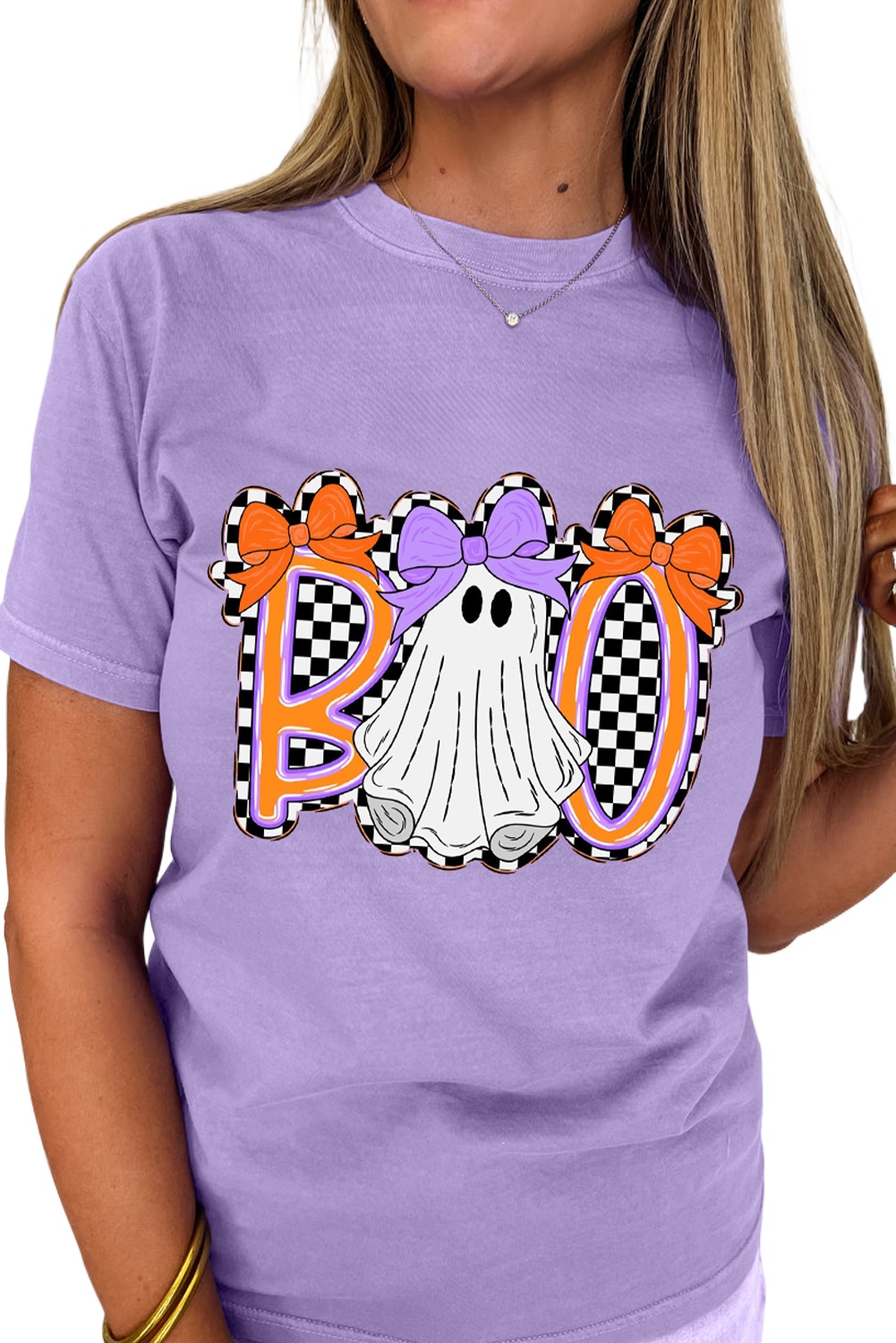 Wisteria Boo Checkered Bow Ghost Halloween Graphic Tee for Women - Main View