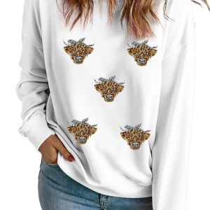 Women's White Sequin Heifer Patched Drop Shoulder Sweatshirt - Casual Fall Fashion - Main View
