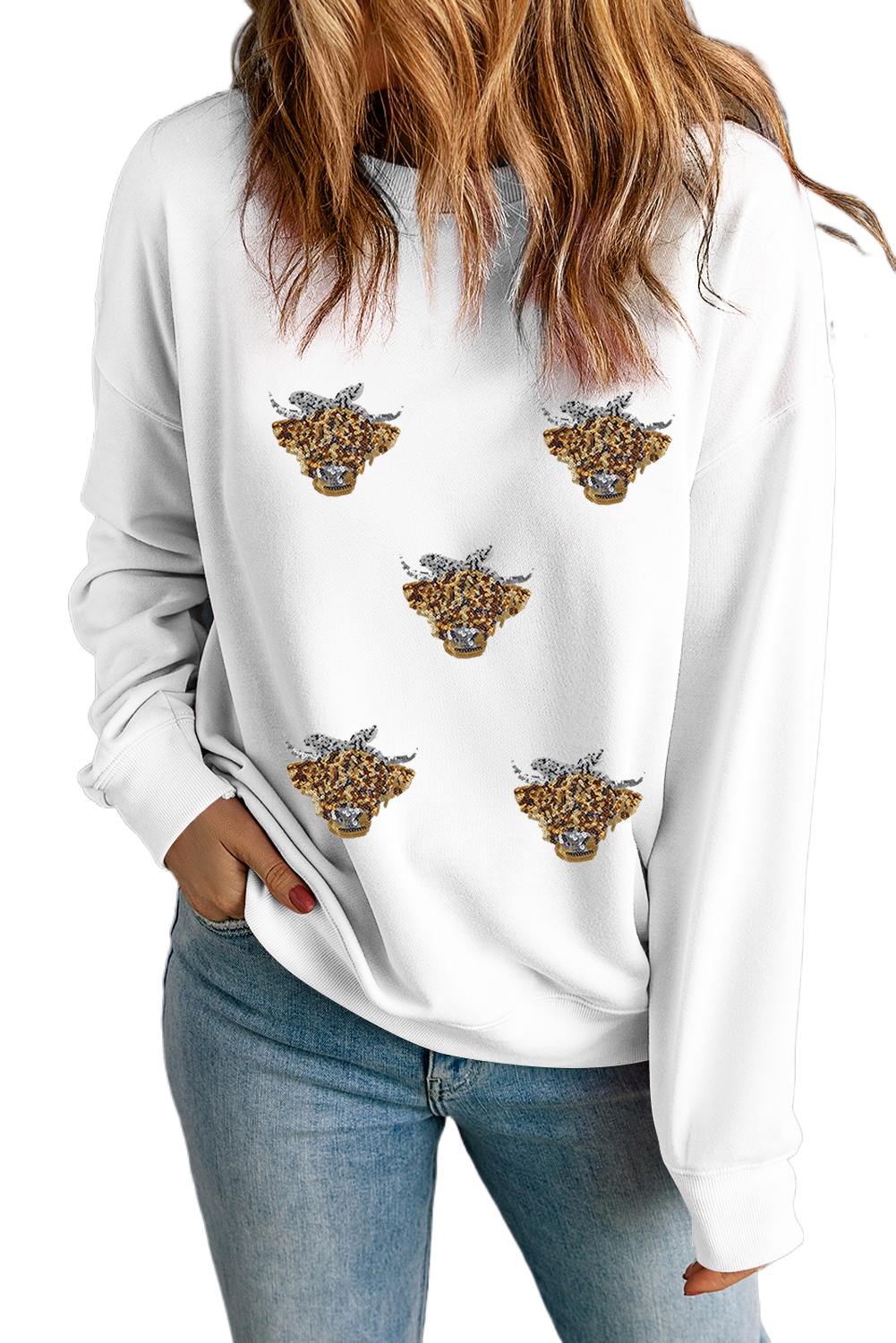 Women's White Sequin Heifer Patched Drop Shoulder Sweatshirt - Casual Fall Fashion - Main View