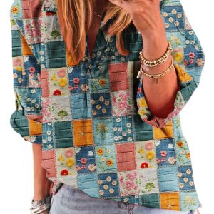 Women's Sky Blue Floral Collared V Neck Roll-Up Sleeve Shift Blouse - Elegant Spring Style - Main View