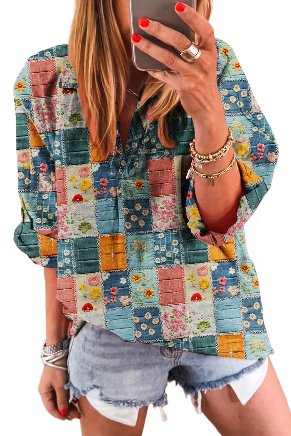 Women's Sky Blue Floral Collared V Neck Roll-Up Sleeve Shift Blouse - Elegant Spring Style - Main View