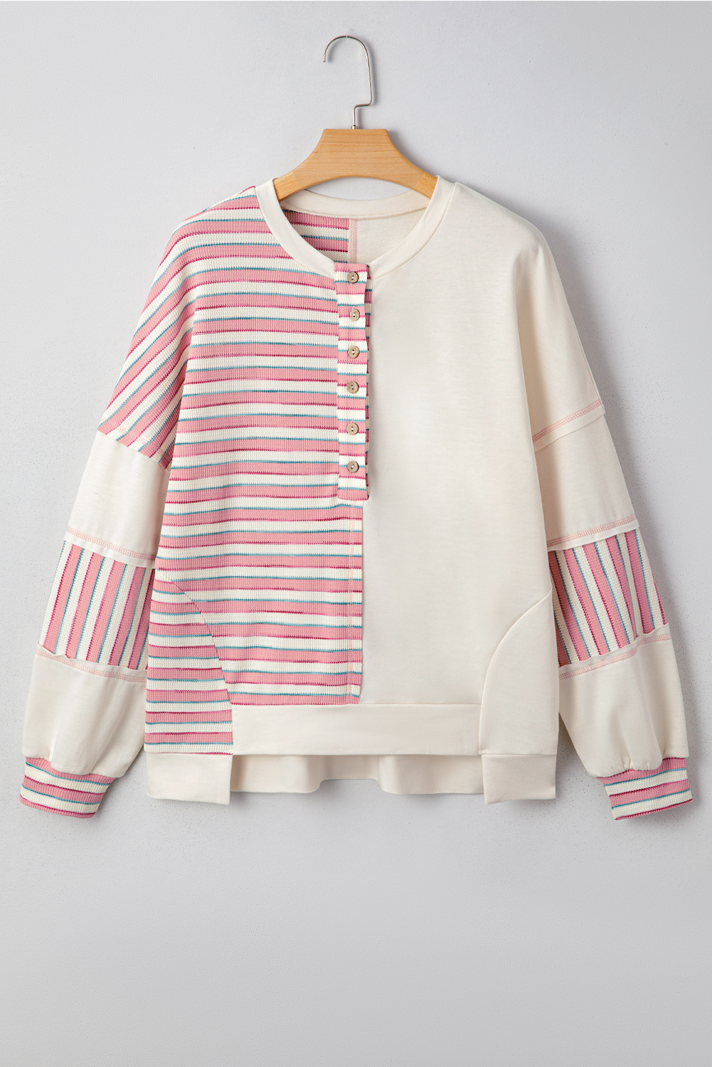 Women's Oversized Pink Stripe Color Block Pullover Top with Stitched Detail - Detail View 9