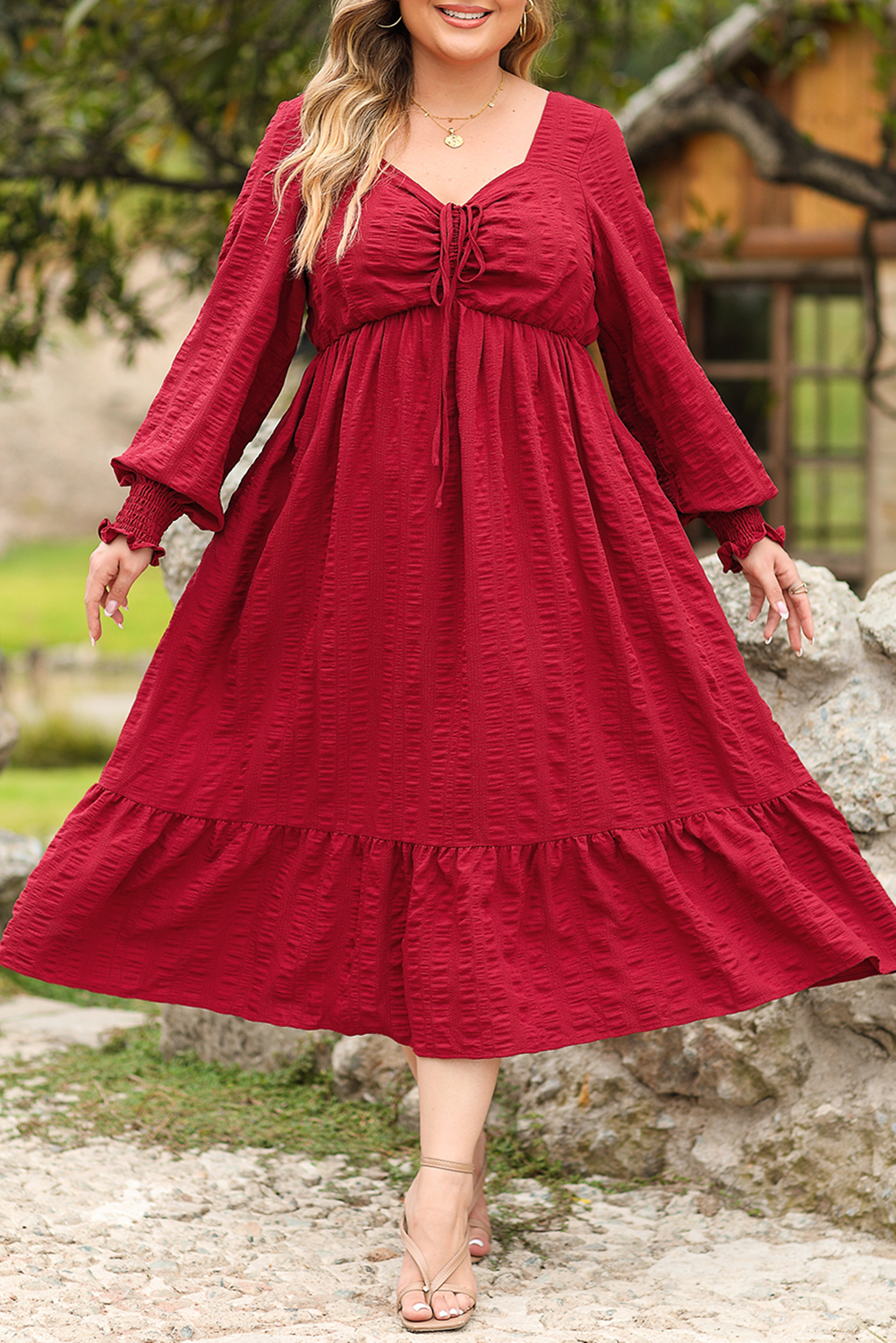 Chic Fit and Flare Plus Size Dress: Fiery Red, U Neck, Perfect for Daily Wear - Detail View 7