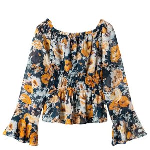 Women's Blue Floral Off Shoulder Bell Sleeve Smocked Peplum Top for Spring - Main View