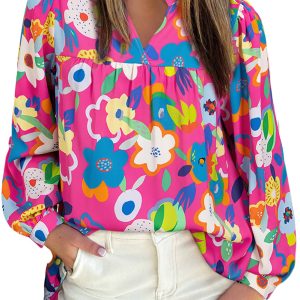 Women's Rose Floral V Neck Blouse - Multicolor Long Sleeve Top for Spring - Main View