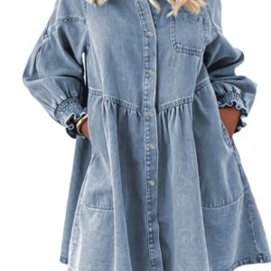 Women's Beau Blue Smocked Cuffs Flared Denim Shirt Mini Dress - Casual Daily Wear - Main View