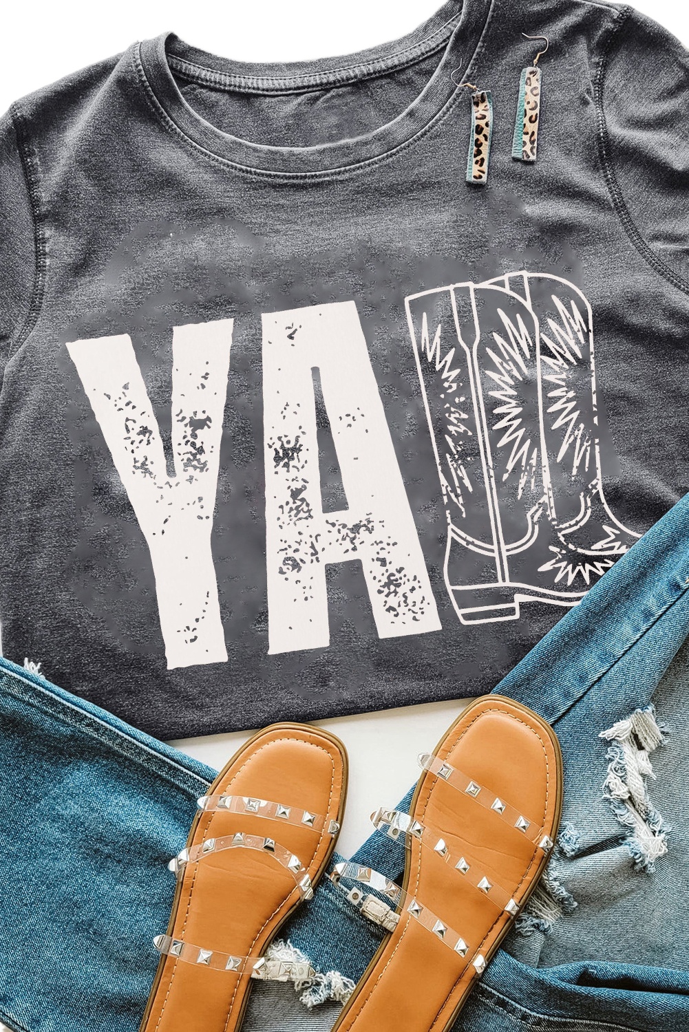 Stylish Gray Round Neck Tee with Western Boots Print for Daily Wear - Detail View 2