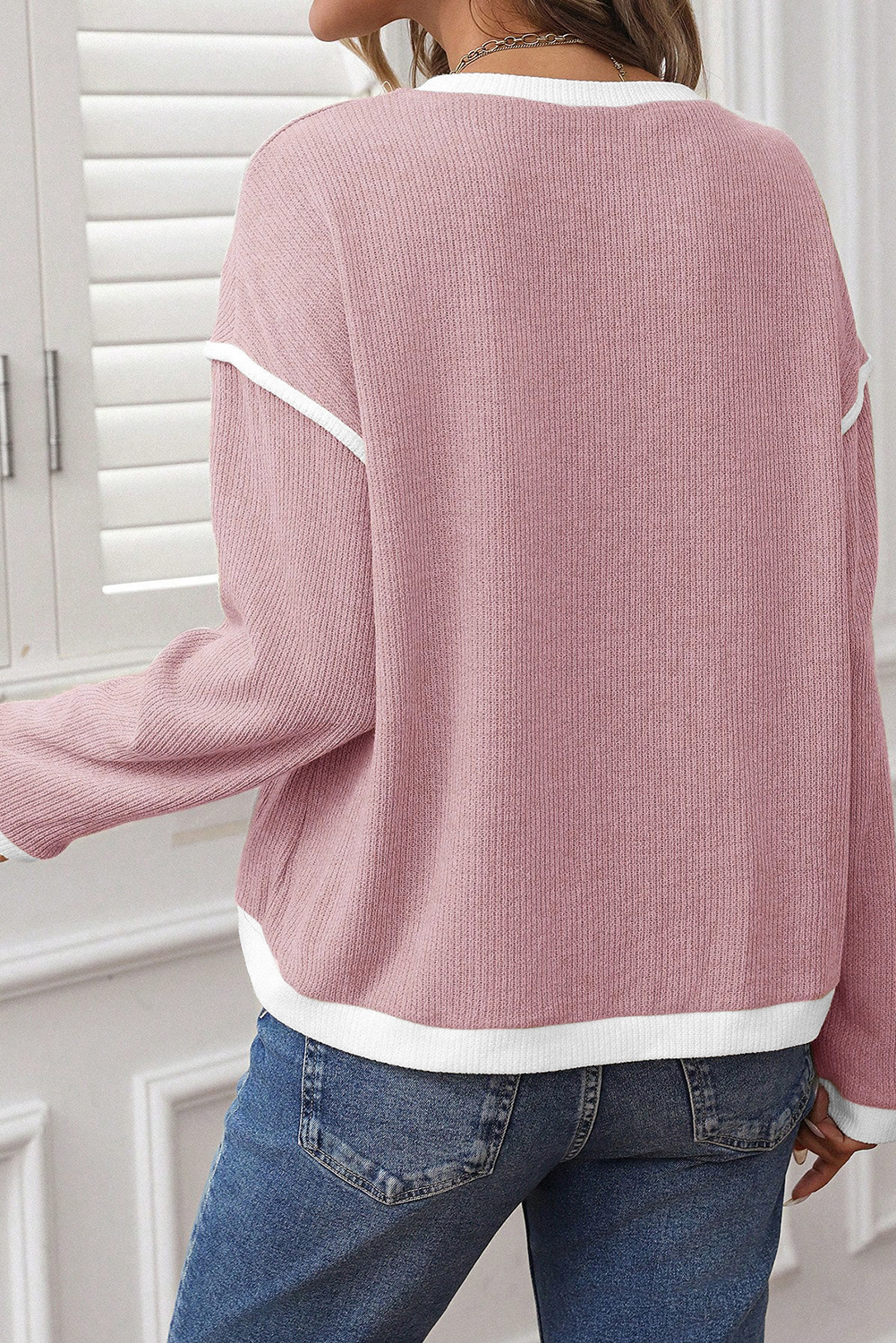 Relaxed Fit Light Pink Knit Top for Daily Wear - Fall & Autumn Fashion - Detail View 3