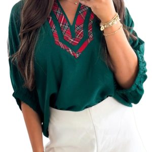 Women's Evergreen Contrast Plaid Patchwork Blouse – Casual V Neck Half Sleeve Top for Daily Wear