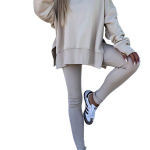 Women's Jet Stream Solid Color Oversize Slit Sweatshirt & Ribbed Leggings 2-Piece Set - Main View