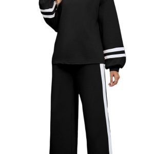 Women's Black Varsity Stripe Patchwork Puff Sleeve Pullover & Wide Leg Pant Set - Main View