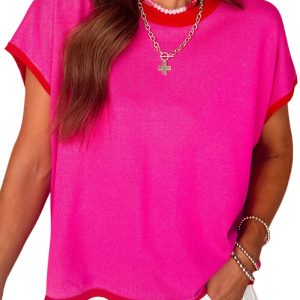 Women's Rose Red Contrast Trim Round Neck Short Sleeve Loose Knit Sweater - Main View